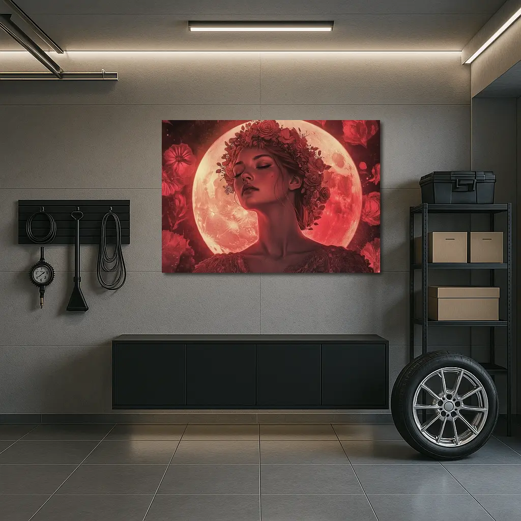 Woman Floral Crown Red Moon Roses – Wall Art