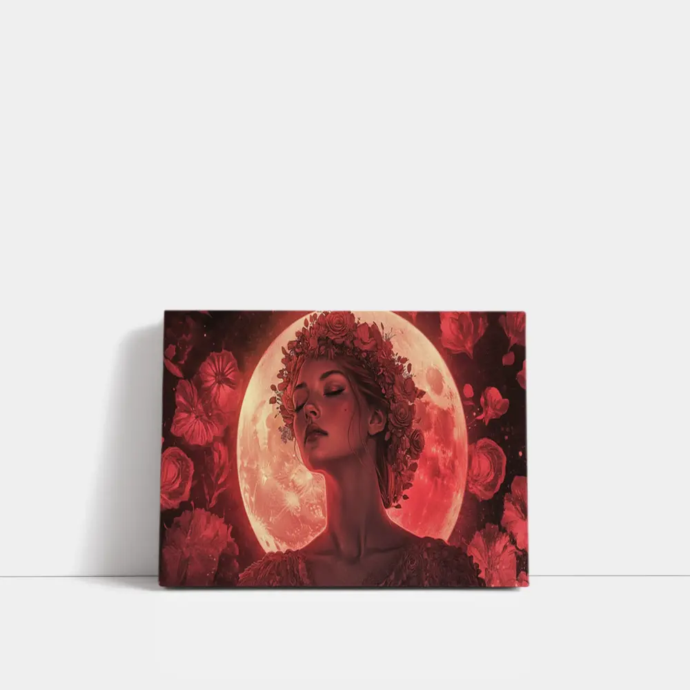 Woman Floral Crown Red Moon Roses – Wall Art