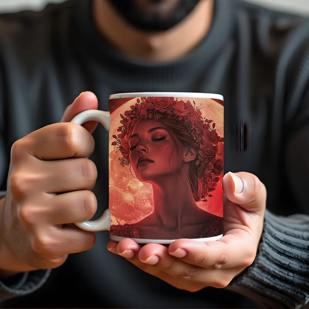 Woman Floral Crown Red Moon Roses – Mugs