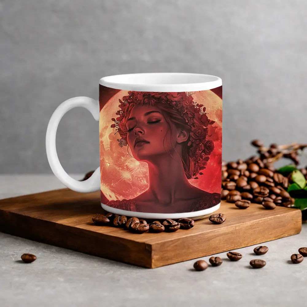 Woman Floral Crown Red Moon Roses – Mugs