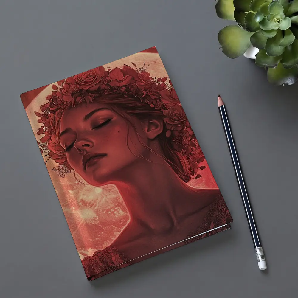 Woman Floral Crown Red Moon Roses – Notebooks