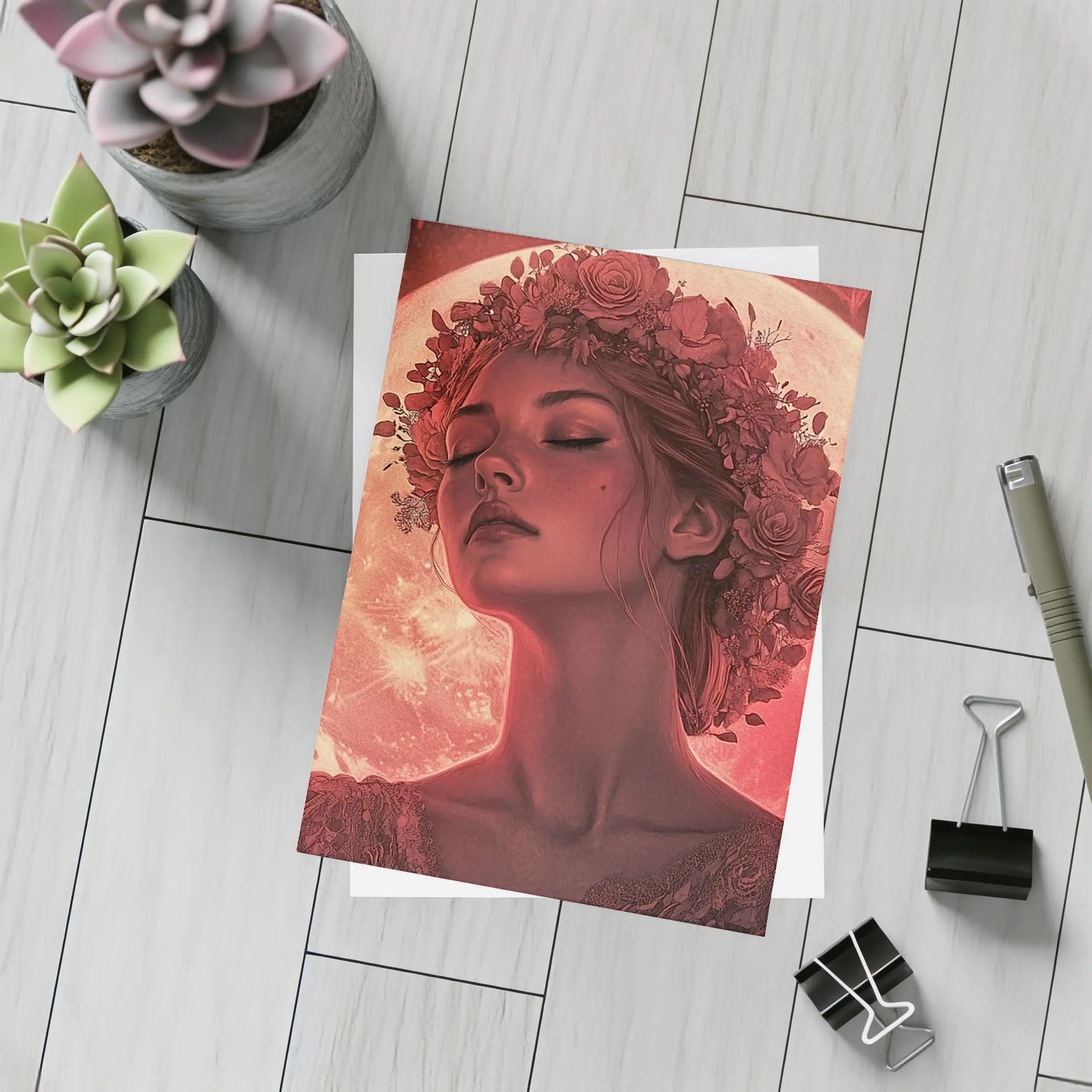 Woman Floral Crown Red Moon Roses – Postcards