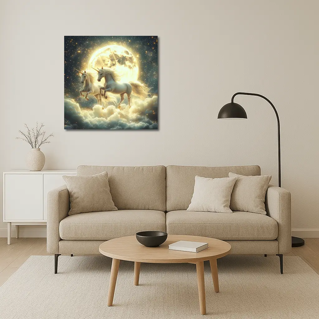 Two White Unicorns Running Over Moonlit Clouds – Wall Art