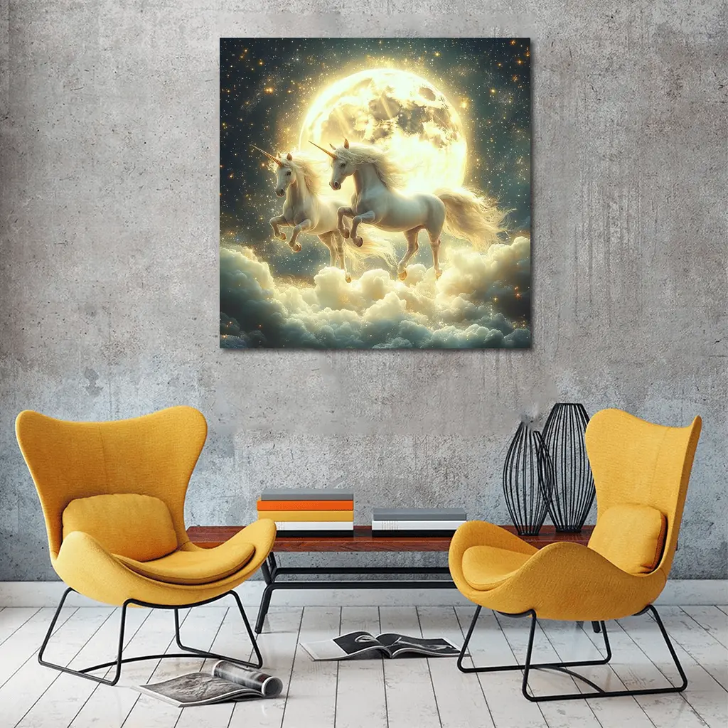 Two White Unicorns Running Over Moonlit Clouds – Wall Art