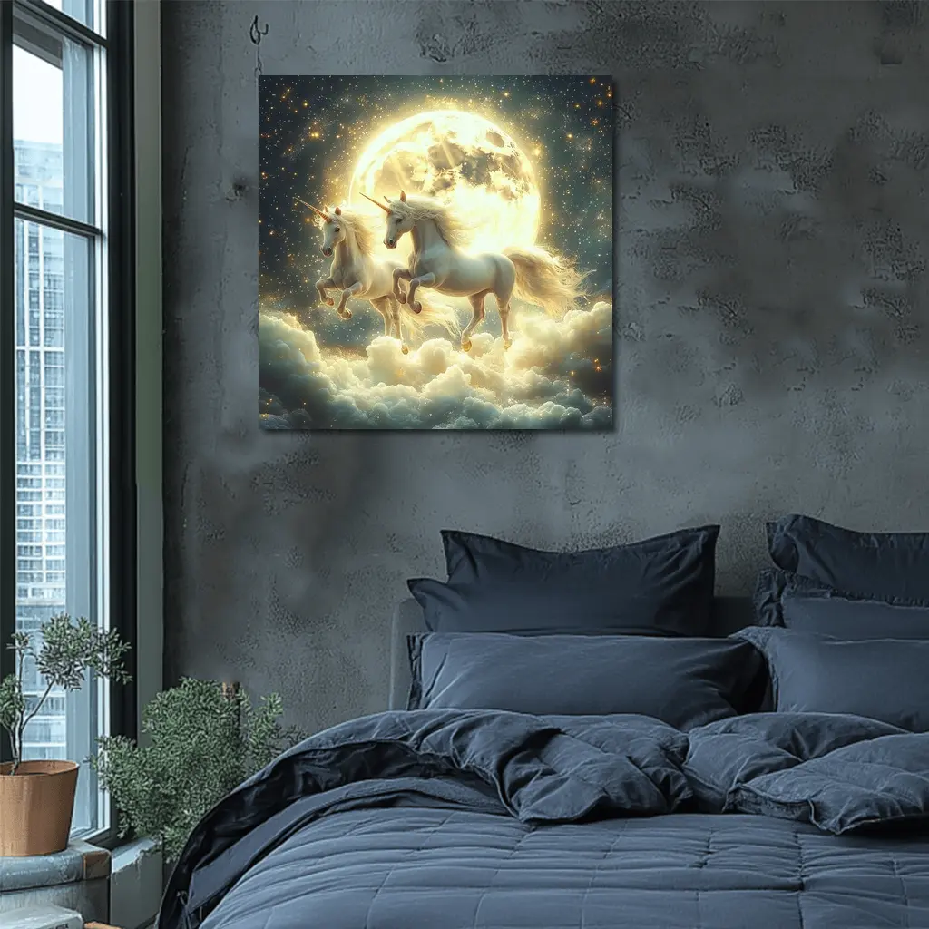 Two White Unicorns Running Over Moonlit Clouds – Wall Art