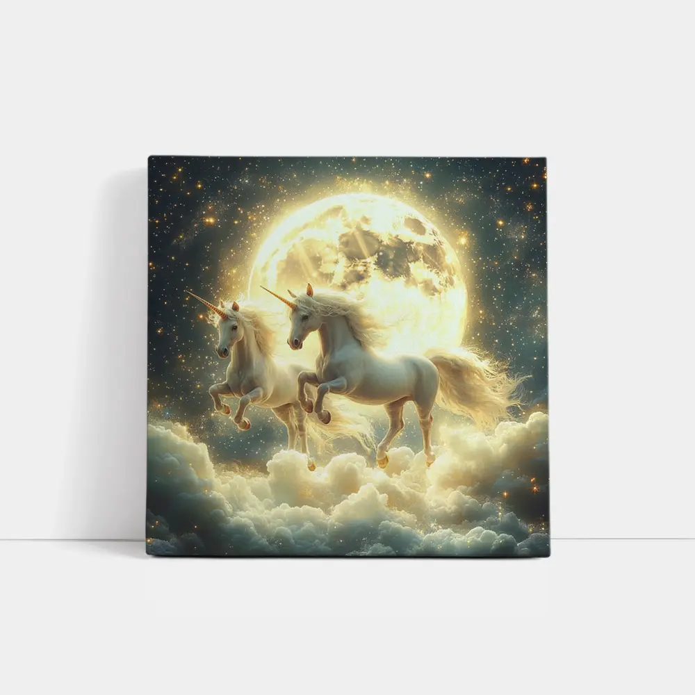 Two White Unicorns Running Over Moonlit Clouds – Wall Art
