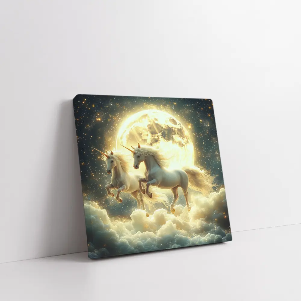Two White Unicorns Running Over Moonlit Clouds – Wall Art
