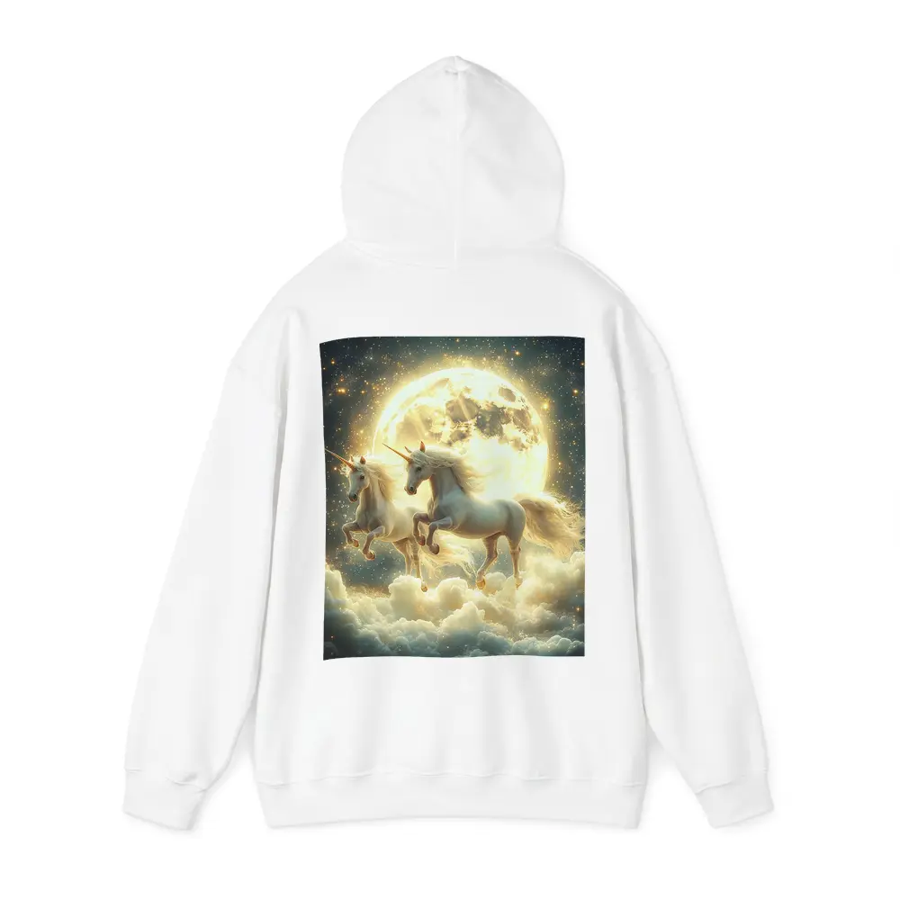 Two White Unicorns Running Over Moonlit Clouds – Hoodies