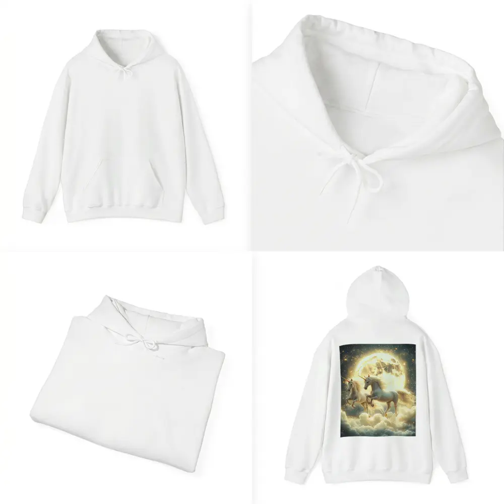 Two White Unicorns Running Over Moonlit Clouds – Hoodies
