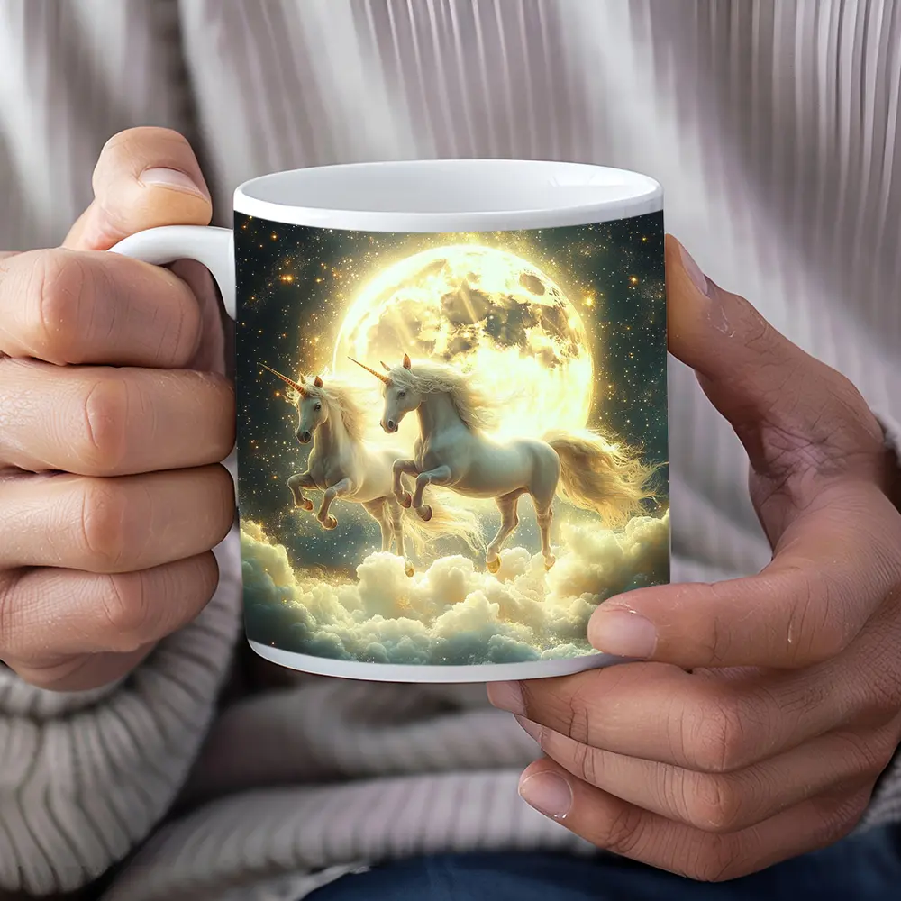 Two White Unicorns Running Over Moonlit Clouds – Mugs