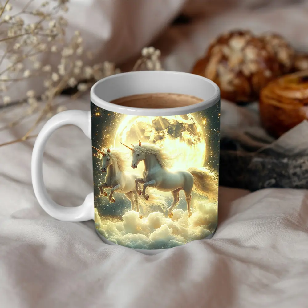 Two White Unicorns Running Over Moonlit Clouds – Mugs