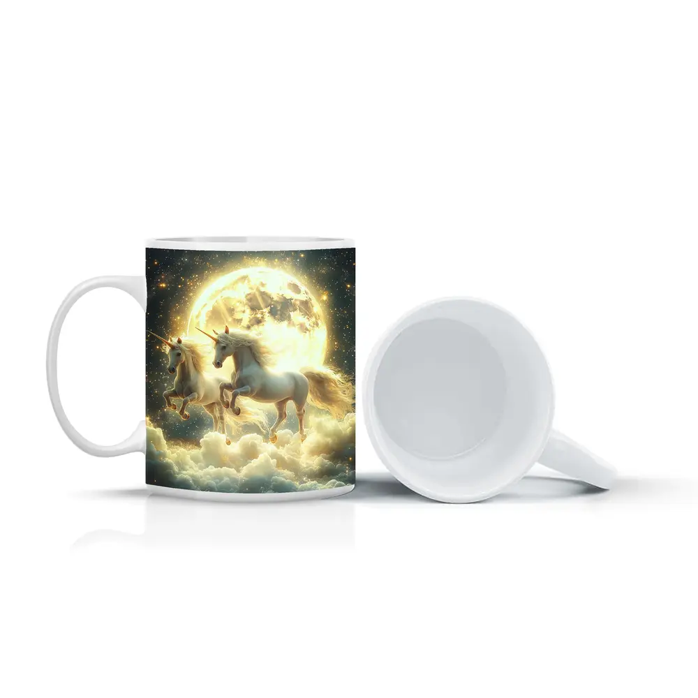Two White Unicorns Running Over Moonlit Clouds – Mugs