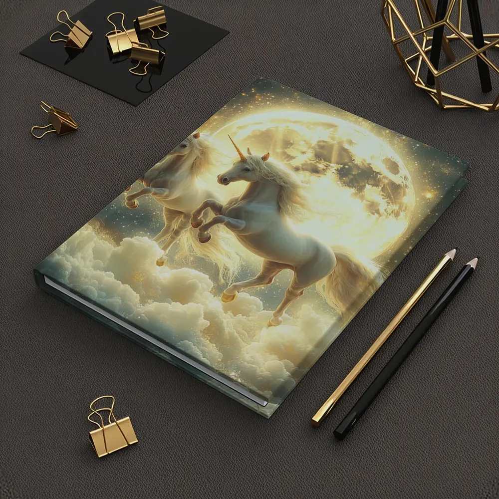 Two White Unicorns Running Over Moonlit Clouds – Notebooks