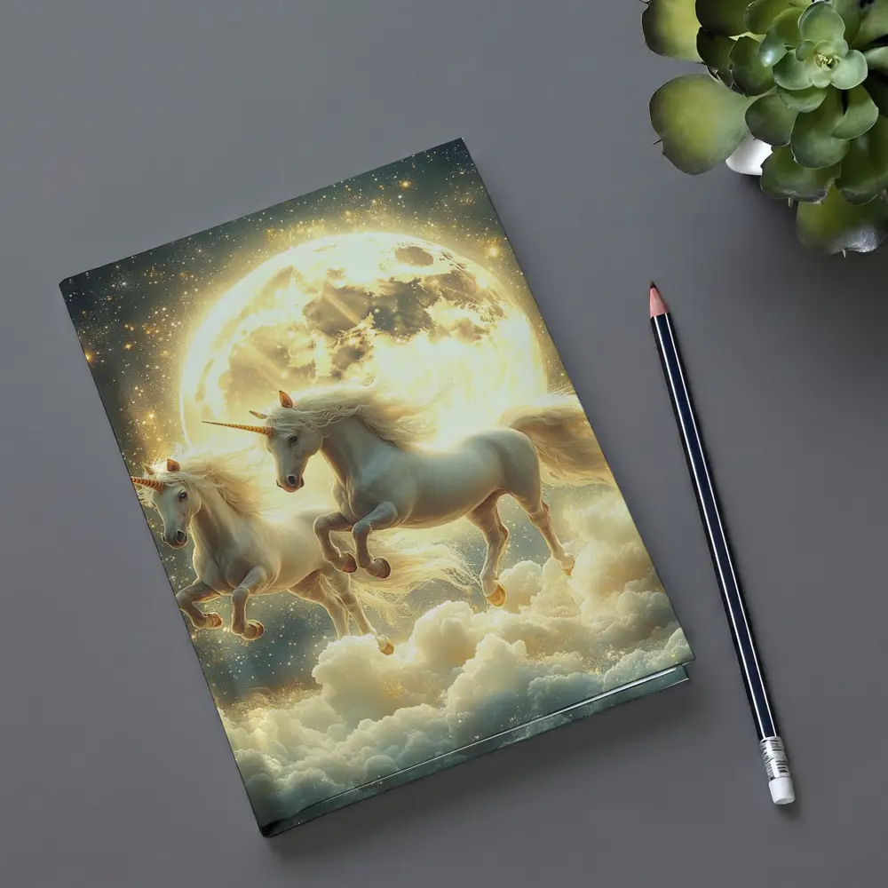 Two White Unicorns Running Over Moonlit Clouds – Notebooks
