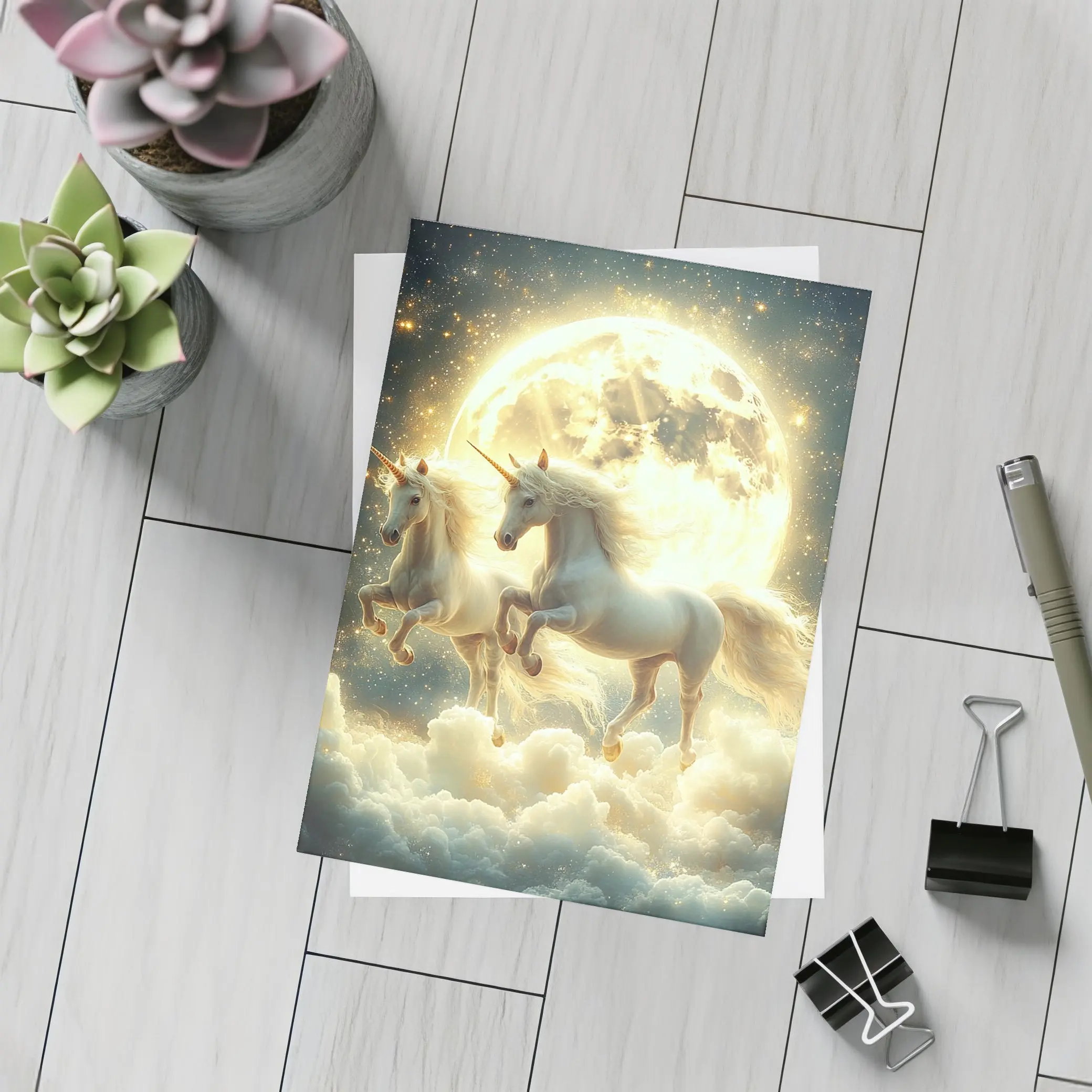 Two White Unicorns Running Over Moonlit Clouds – Postcards