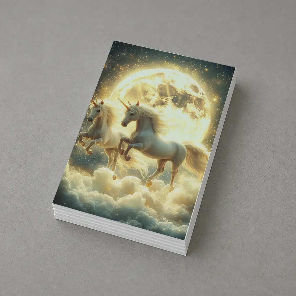 Two White Unicorns Running Over Moonlit Clouds – Postcards