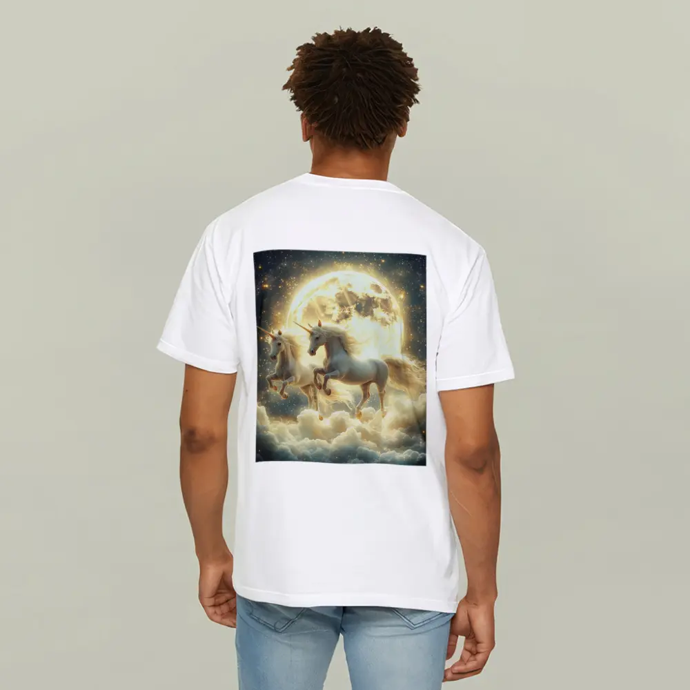 Two White Unicorns Running Over Moonlit Clouds – T-Shirts