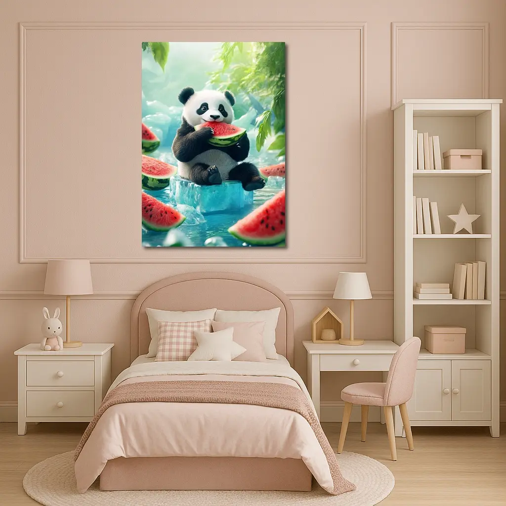 Panda Eating Watermelon on Ice Block – Wall Art