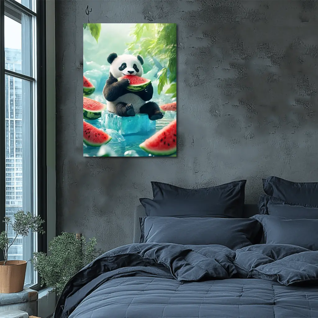 Panda Eating Watermelon on Ice Block – Wall Art