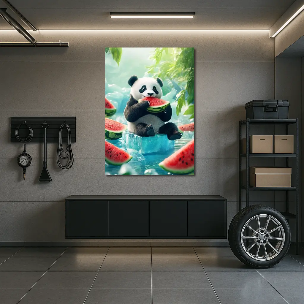 Panda Eating Watermelon on Ice Block – Wall Art