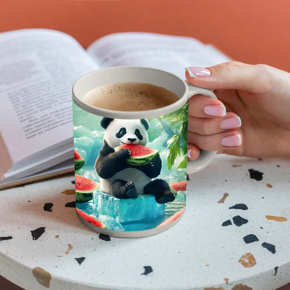 Panda Eating Watermelon on Ice Block – Mugs