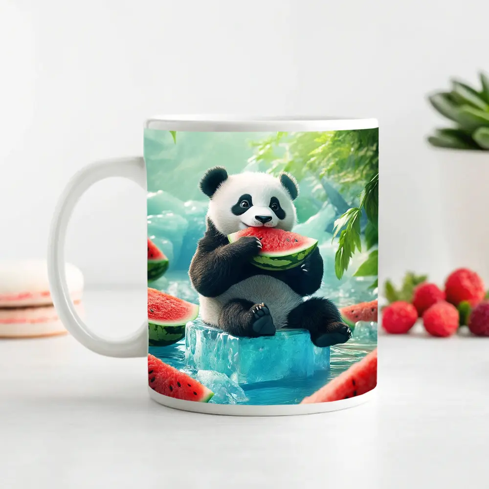 Panda Eating Watermelon on Ice Block – Mugs