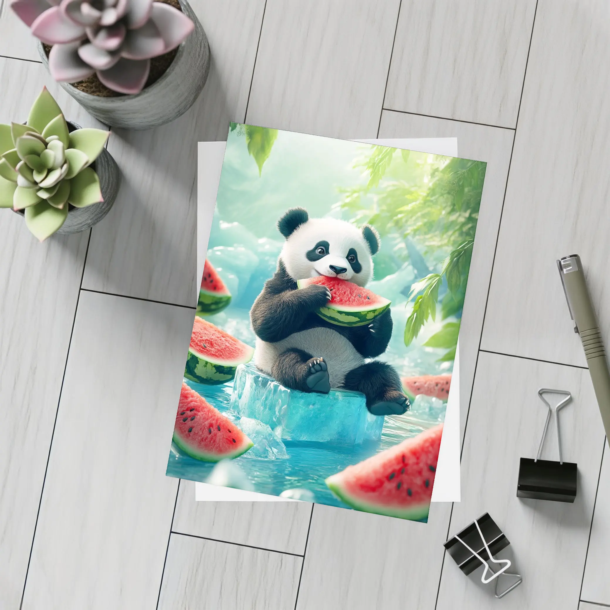 Panda Eating Watermelon on Ice Block – Postcards
