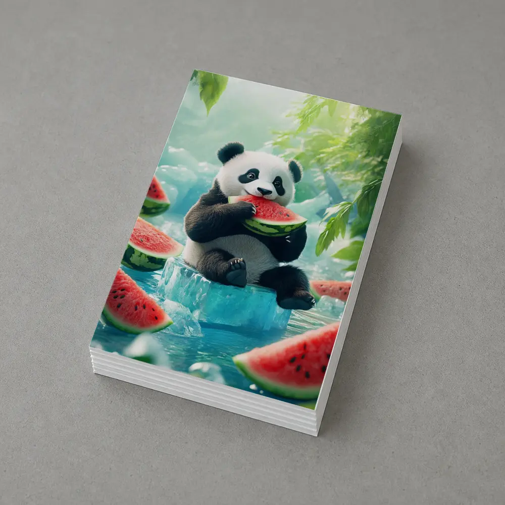 Panda Eating Watermelon on Ice Block – Postcards
