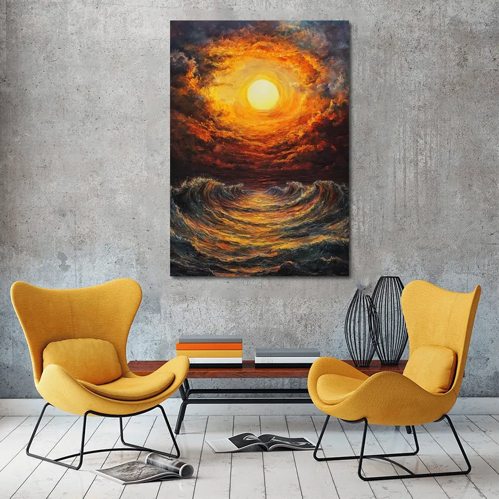 Fiery Sunset Over Dramatic Ocean Waves – Wall Art