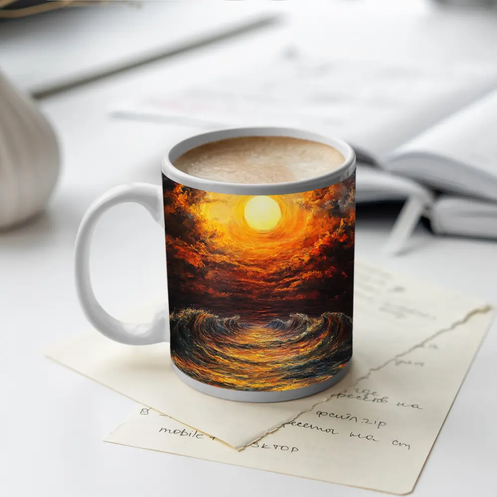 Fiery Sunset Over Dramatic Ocean Waves – Mugs