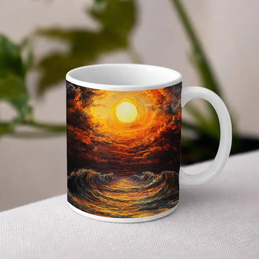 Fiery Sunset Over Dramatic Ocean Waves – Mugs