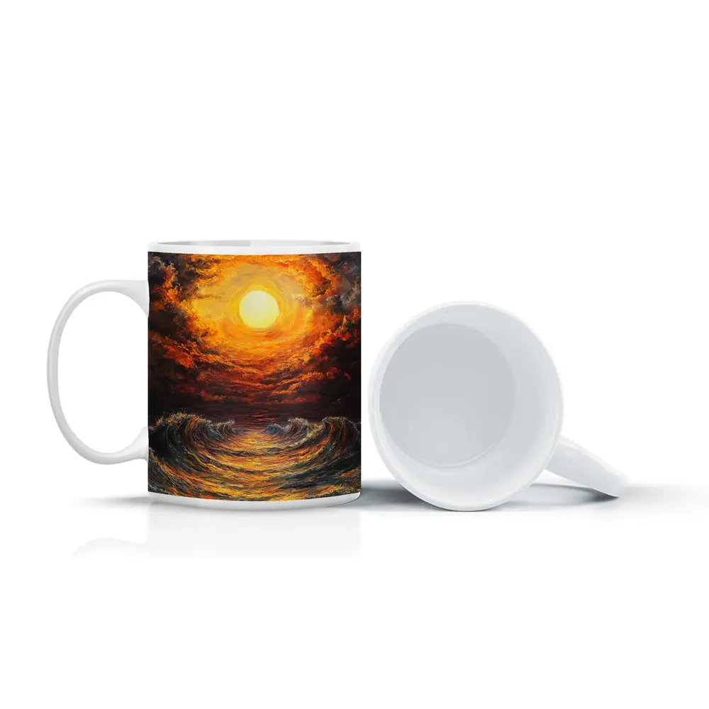 Fiery Sunset Over Dramatic Ocean Waves – Mugs