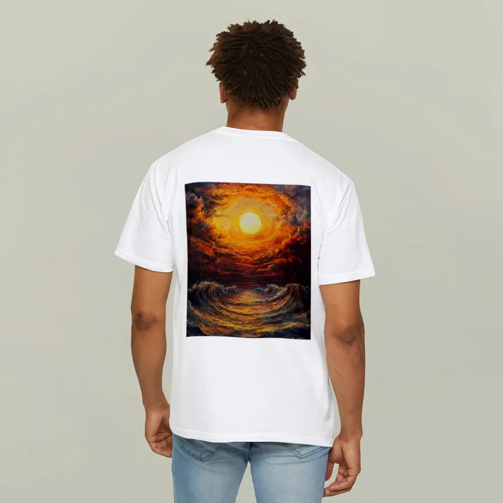 Fiery Sunset Over Dramatic Ocean Waves – T-Shirts