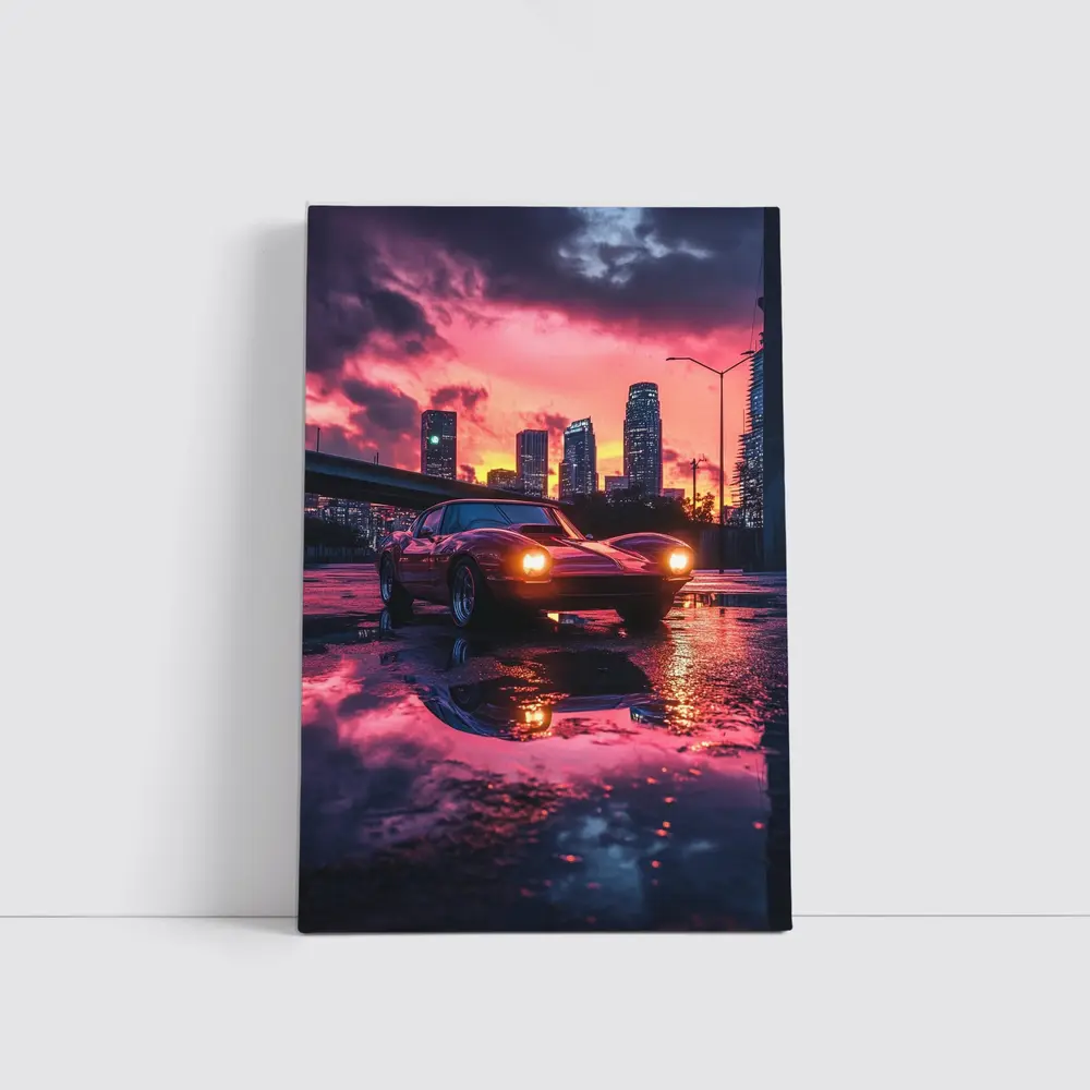 Retro Muscle Car Rainy City Sunset – Wall Art