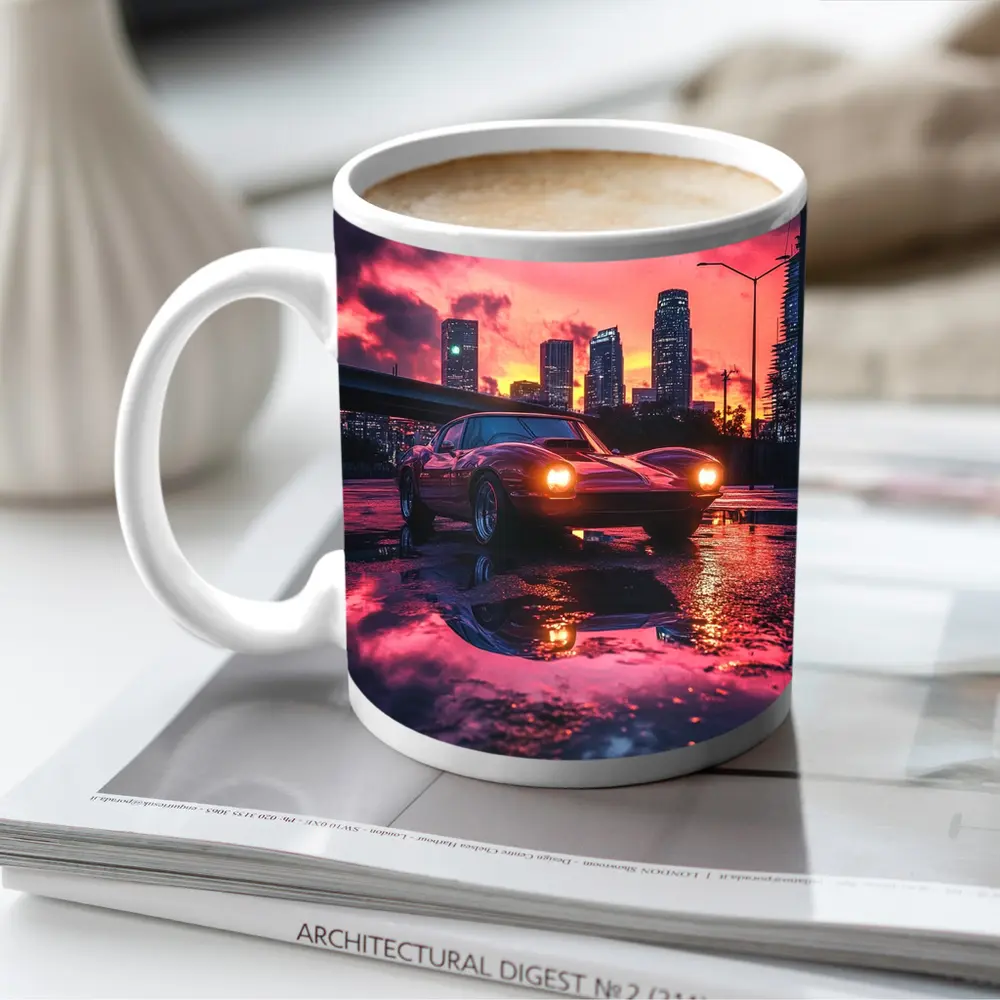 Retro Muscle Car Rainy City Sunset – Mugs