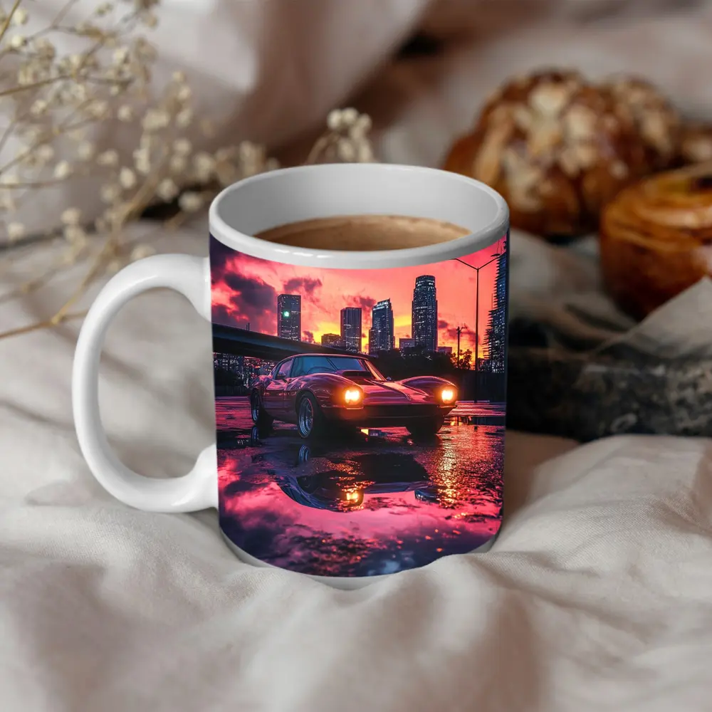 Retro Muscle Car Rainy City Sunset – Mugs