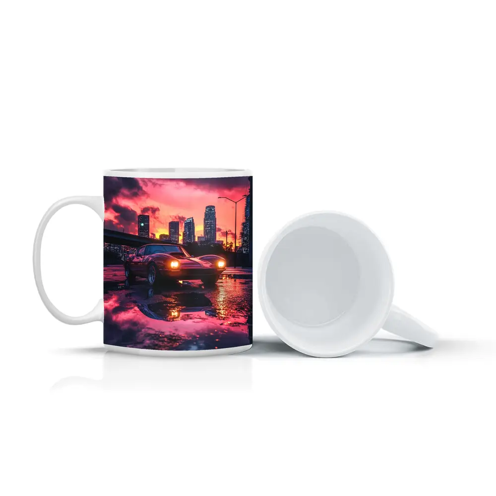 Retro Muscle Car Rainy City Sunset – Mugs