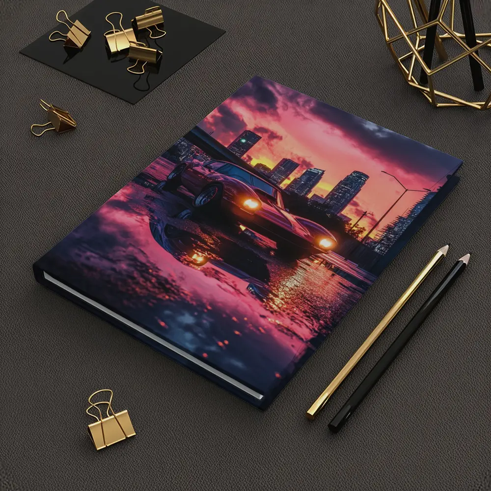 Retro Muscle Car Rainy City Sunset – Notebooks