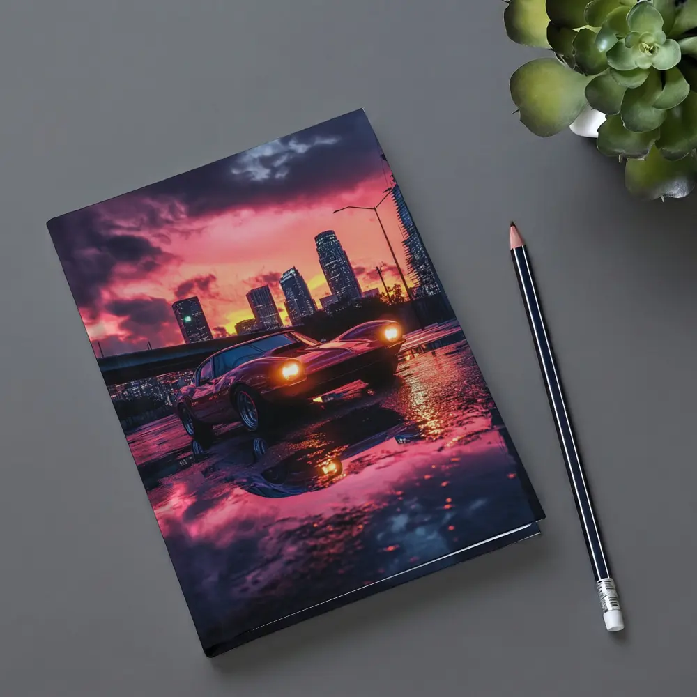 Retro Muscle Car Rainy City Sunset – Notebooks