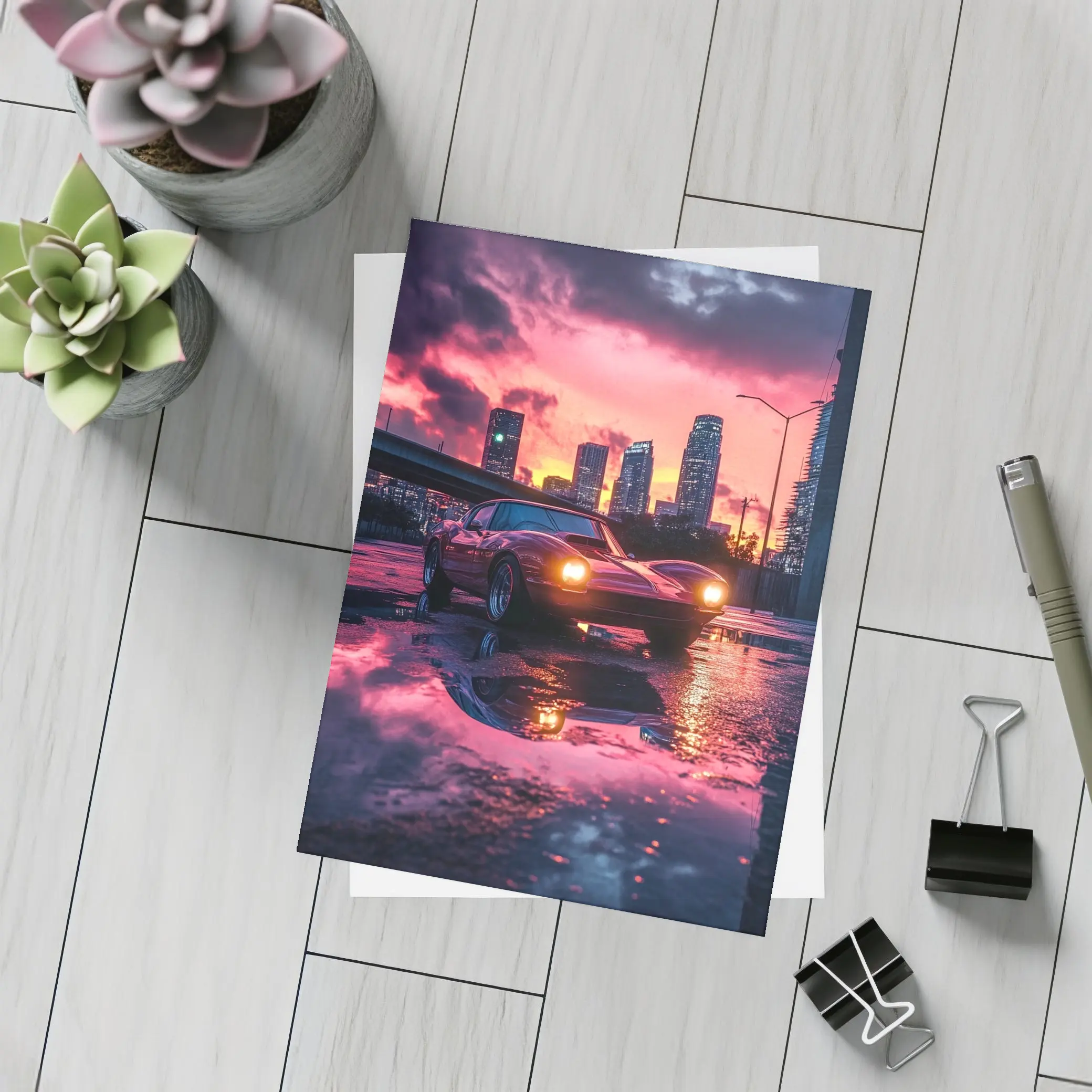 Retro Muscle Car Rainy City Sunset – Postcards
