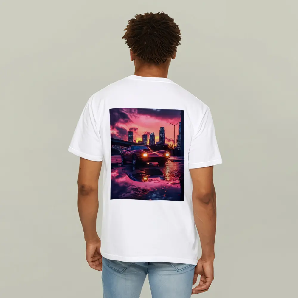 Retro Muscle Car Rainy City Sunset – T-Shirts