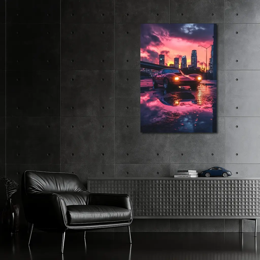 Retro Muscle Car Rainy City Sunset – Wall Art