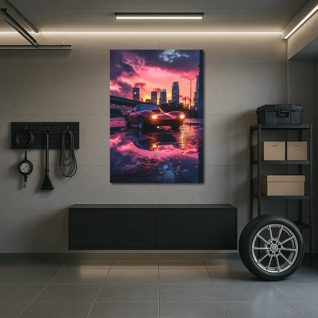Retro Muscle Car Rainy City Sunset – Wall Art