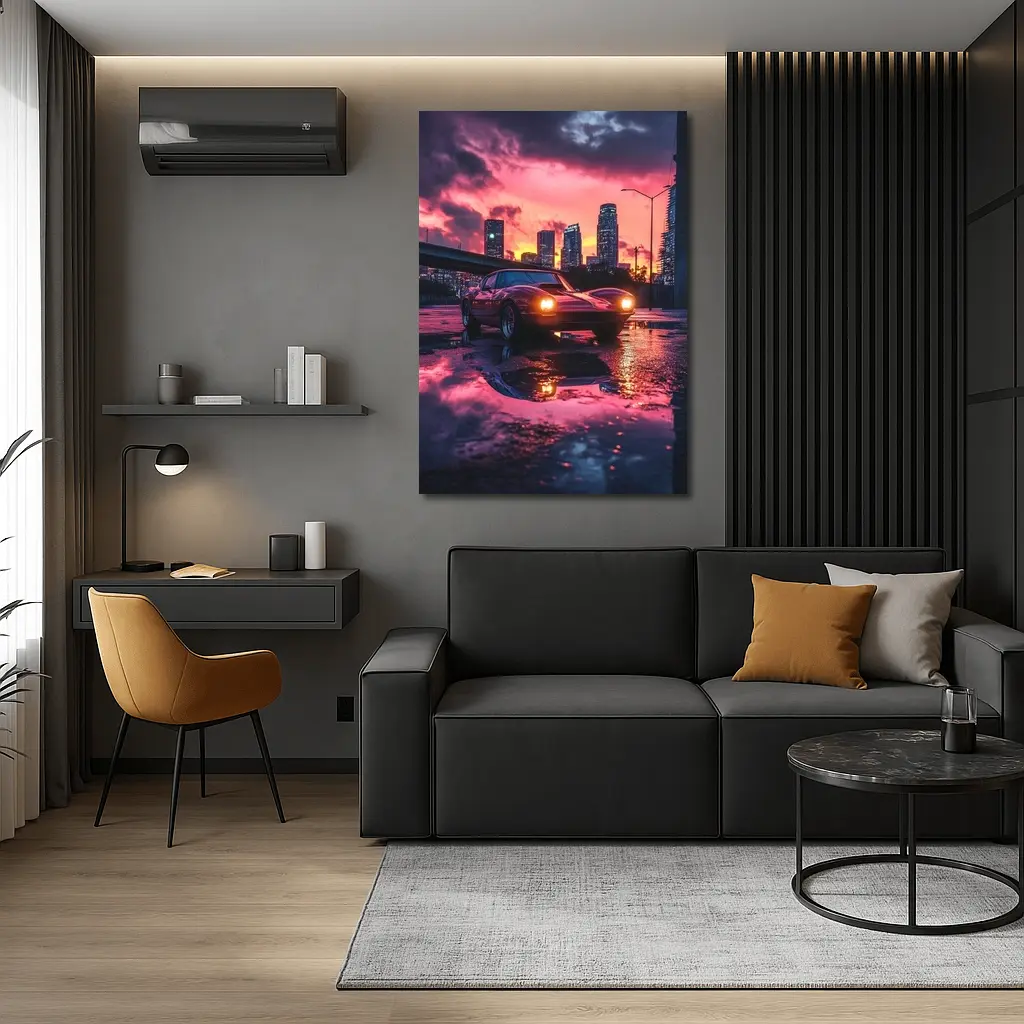Retro Muscle Car Rainy City Sunset – Wall Art