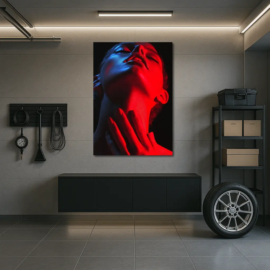 Woman Red Blue Neon Light Dark Background – Wall Art