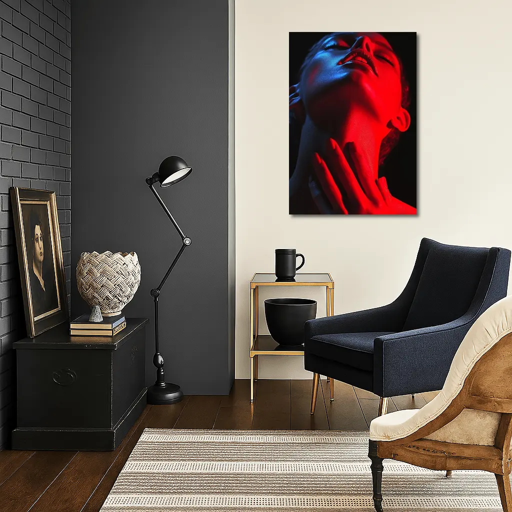 Woman Red Blue Neon Light Dark Background – Wall Art