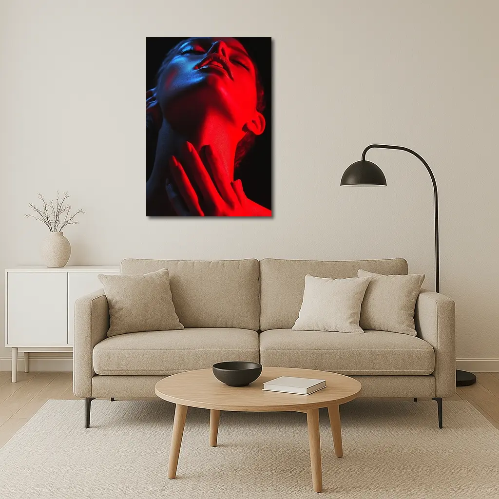 Woman Red Blue Neon Light Dark Background – Wall Art