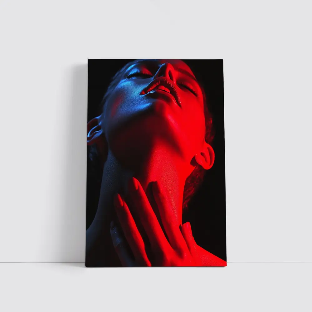 Woman Red Blue Neon Light Dark Background – Wall Art