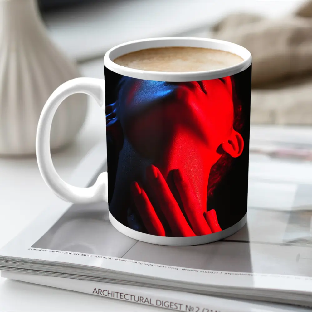 Woman Red Blue Neon Light Dark Background – Mugs
