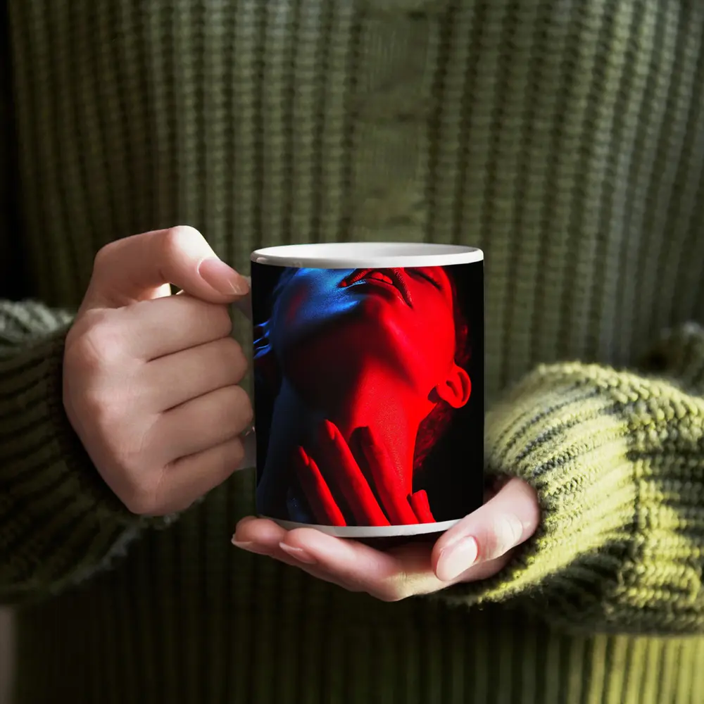 Woman Red Blue Neon Light Dark Background – Mugs
